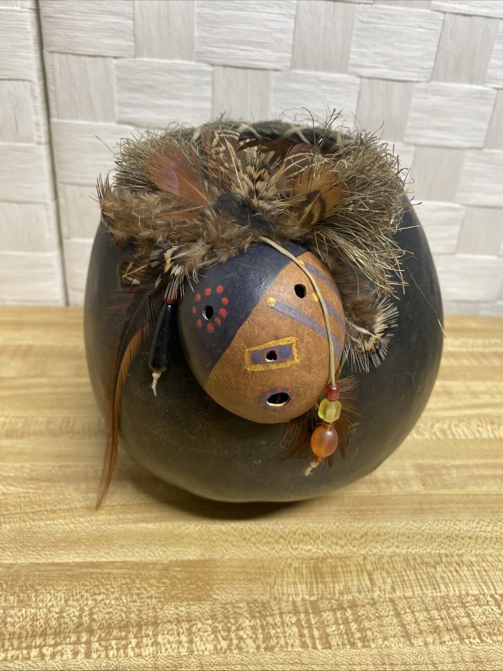 Hand Painted Native American Pumpkin Gourd Art Bowl With Feathers Beads Twine